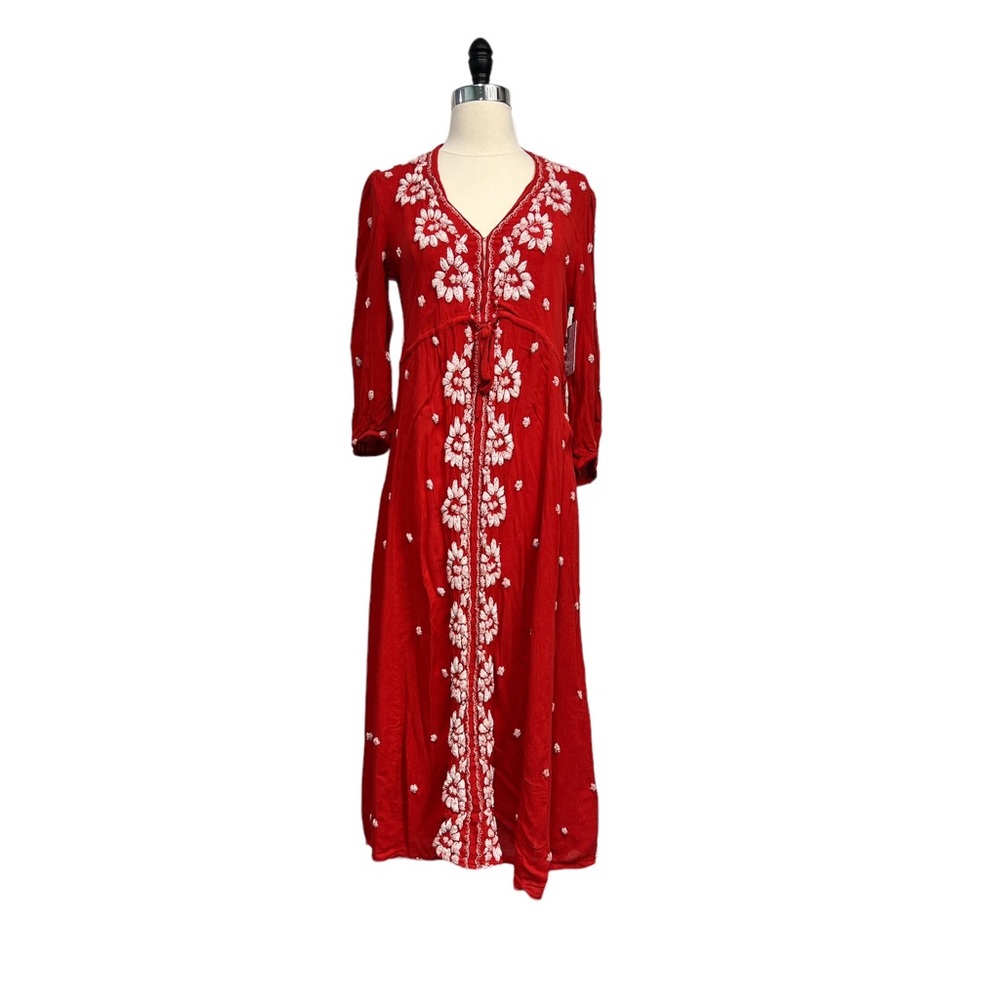 Free People Fable Boho Orange Maxi Dress With White Embroidery